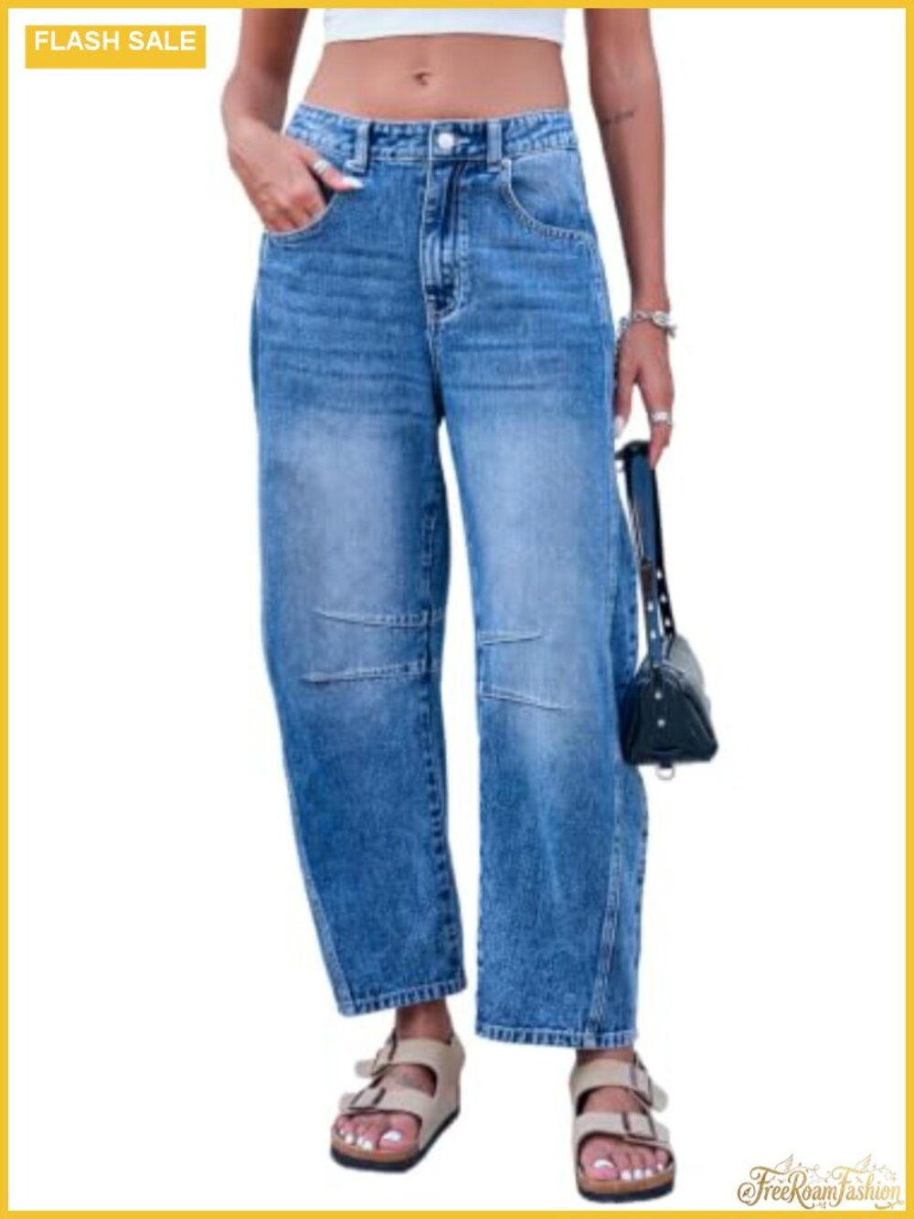Women's Mid Rise Wide Leg Baggy Jeans Ankle Length Stretchy Denim Pants
